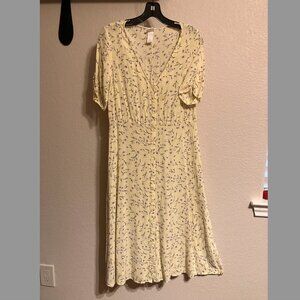 H & M Pale Yellow Ditsy Floral Print Midi Dress - Size 8